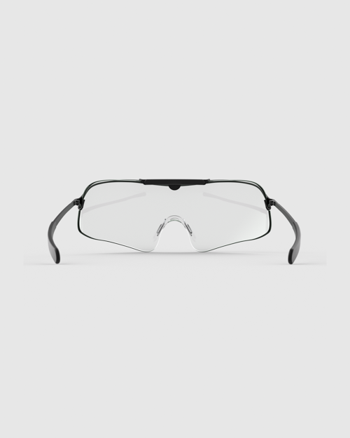 A front-facing view showcases the sleek design of the matte black Ranger Falcon Pro Frame Shooting Sunglasses, highlighting the curved continuous shield lens, adjustable clear nose pads, and flexible cable temples designed to wrap securely behind the ears.