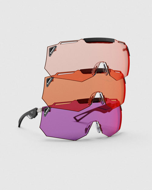 Ranger Hypershot shooting glasses with the 3 lens package, with high-contrast interchangeable lenses for clay shooting sports