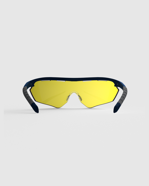This is the fully assembled Ranger Phantom 2.0 Frame Shooting Sunglasses. It pairs the lightweight Navy Blue/Grey Frame with a high-definition, Medium Yellow interchangeable shield lens designed to enhance orange clay targets against varied backgrounds.