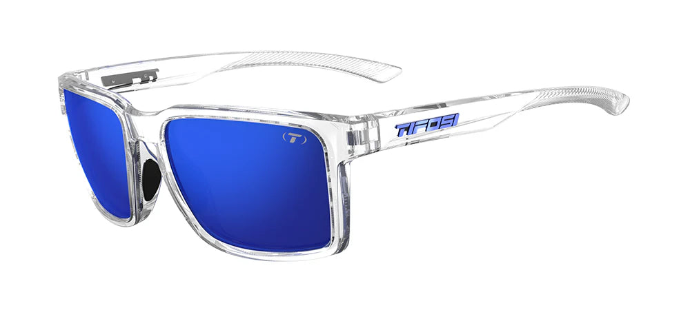 The Tifosi Sylo Sunglasses featuring a Crystal Clear frame with Clarion Blue Mirror lenses, highlighting the lightweight rectangular shape and vibrant athletic design.