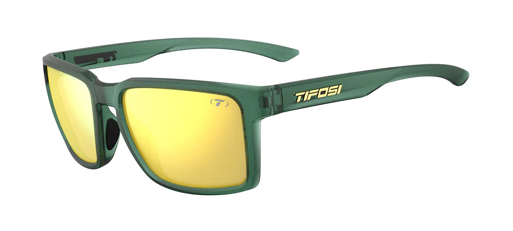 The Tifosi Sylo Sunglasses featuring a translucent Forest Vapor green frame with Yellow Mirror lenses, highlighting the lightweight rectangular shape and athletic design.