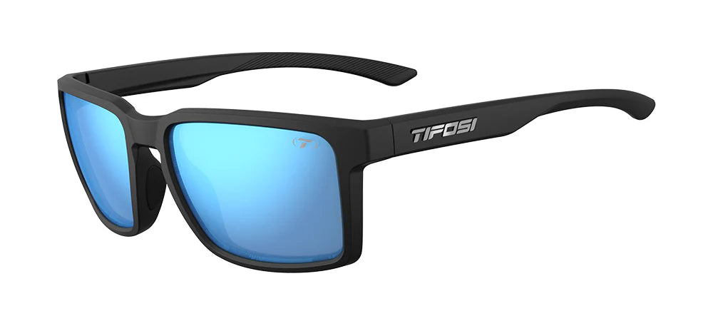 The Tifosi Sylo Sunglasses featuring a matte Matte Black frame with Sky Blue Mirror lenses, highlighting the lightweight rectangular shape and striking athletic design.