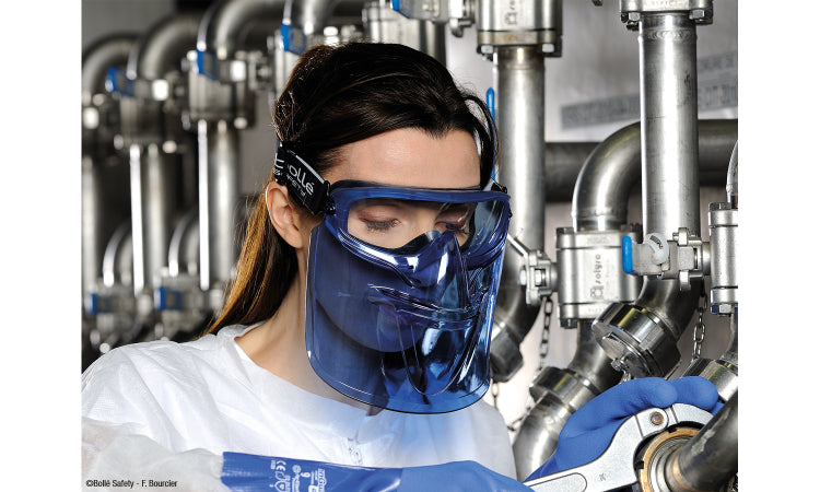 woman wearing Bolle Atom safety goggles