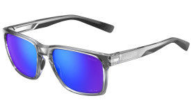Bolle Reverence Sunglasses grey crystal frame with Volt+ Ultraviolet polarized lenses side view showcasing the angular design and lens reflection