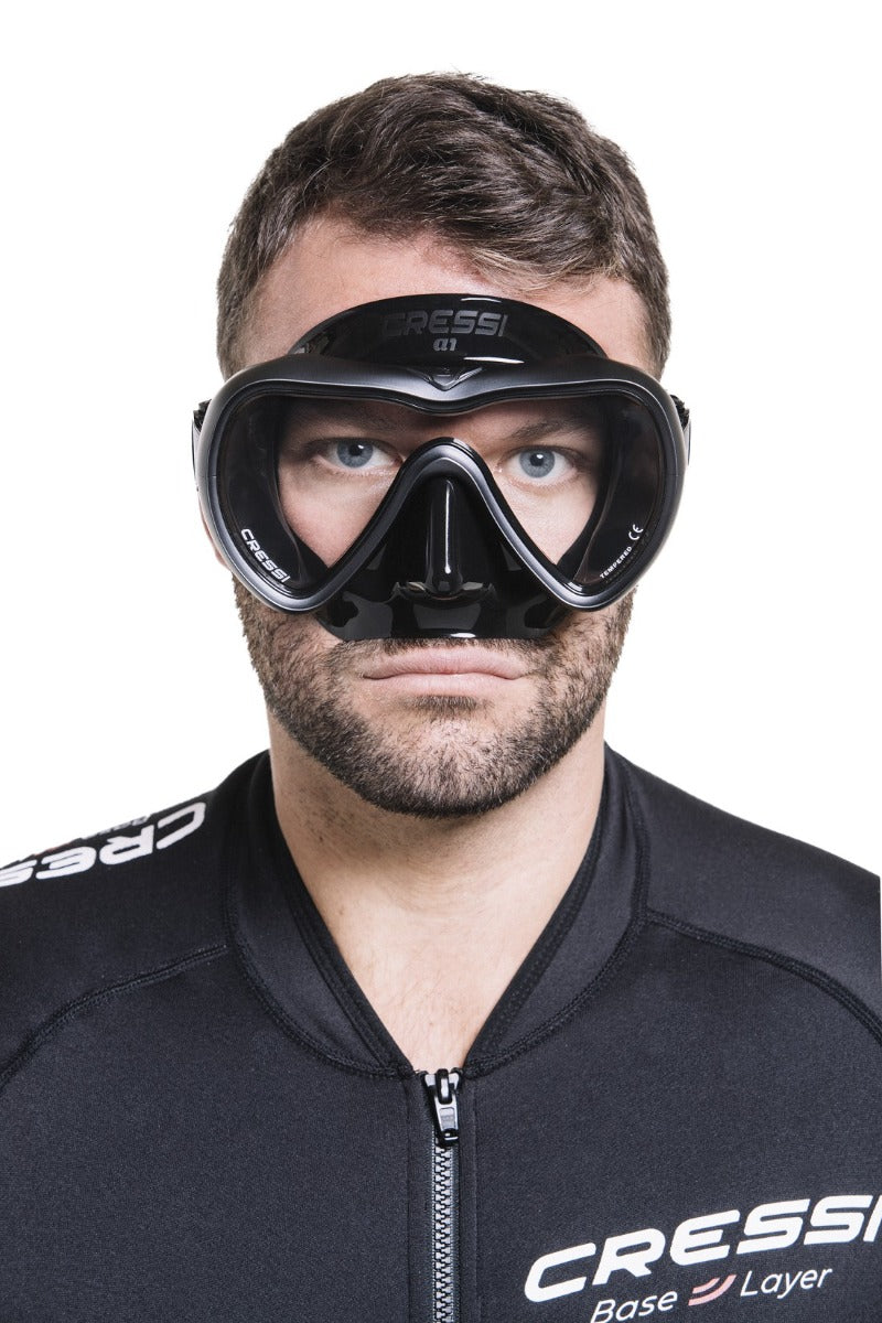 Person wearing Cressi A1 scuba mask