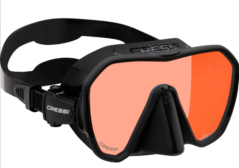 cressi z2 frameless dive mask with UV380 blue orange lenses