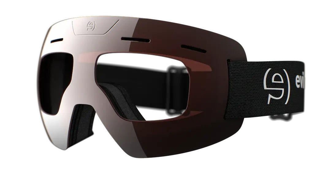 Ski goggles with a brand logo on a white background