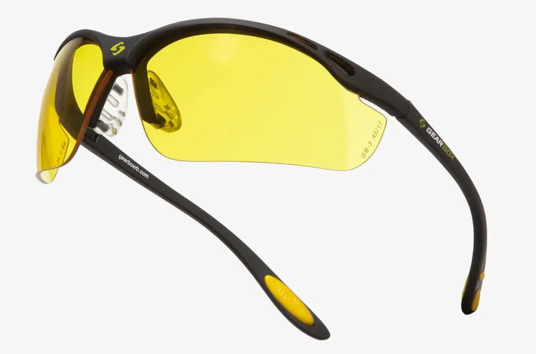 Gearbox pickleball protective eyewear in black with yellow lenses