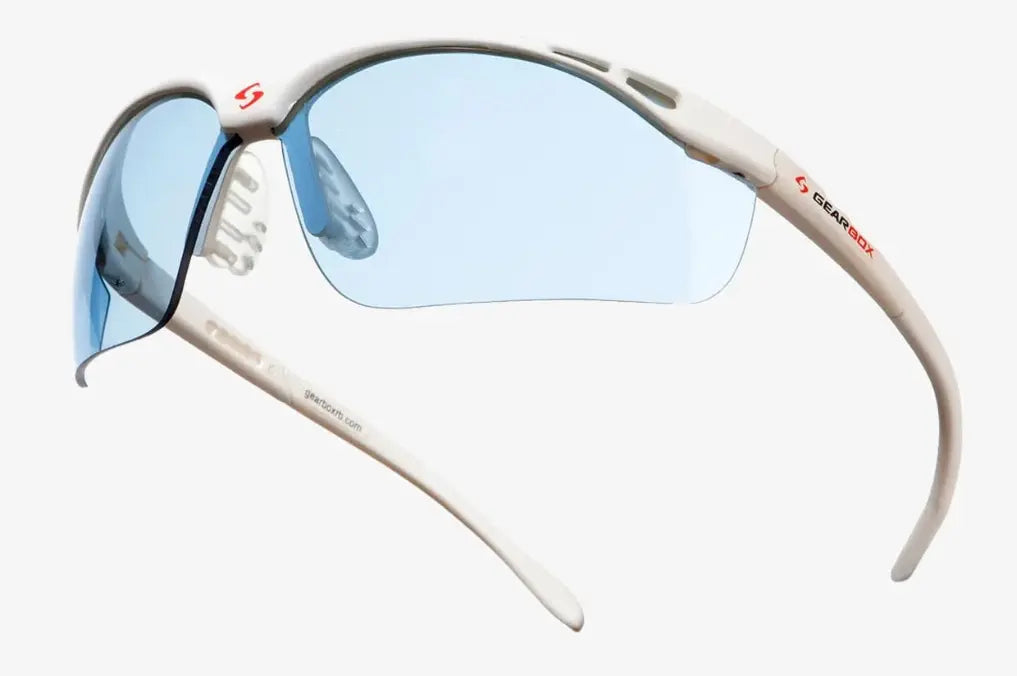 Gearbox pickleball protective eyewear in white with blue lenses narrow fit