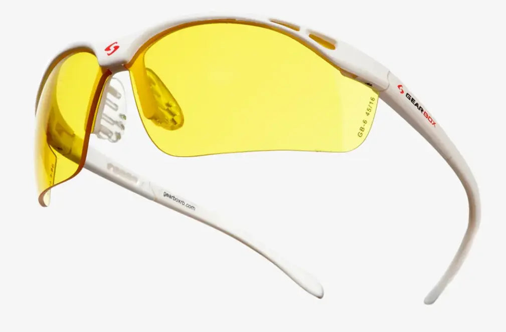 Gearbox pickleball protective eyewear in white with yellow lenses