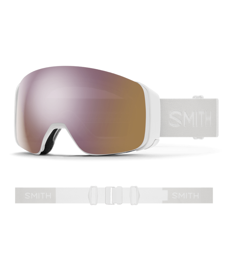Smith 4D Mag Low Bridge Fit Ski Goggles White Vapor goggle with ChromaPop Everyday Rose Gold Mirror 