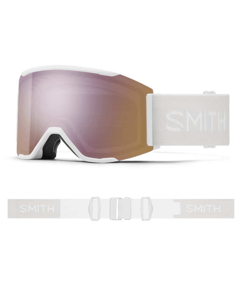 Smith Squad Mag Low Bridge Fit Ski Goggles White Vapor goggle with ChromaPop Everyday Rose Gold Mirror