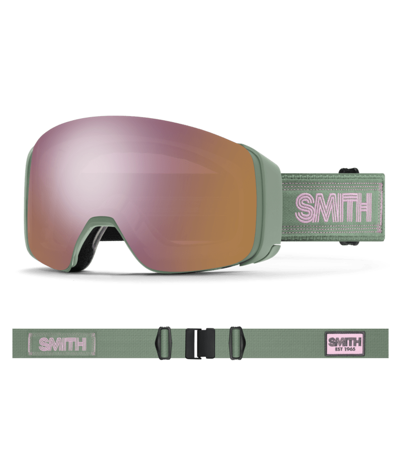 Smith 4D Mag Low Bridge Fit Ski Goggles Olive Warm Steel goggle with ChromaPop Everyday Rose Gold Mirror