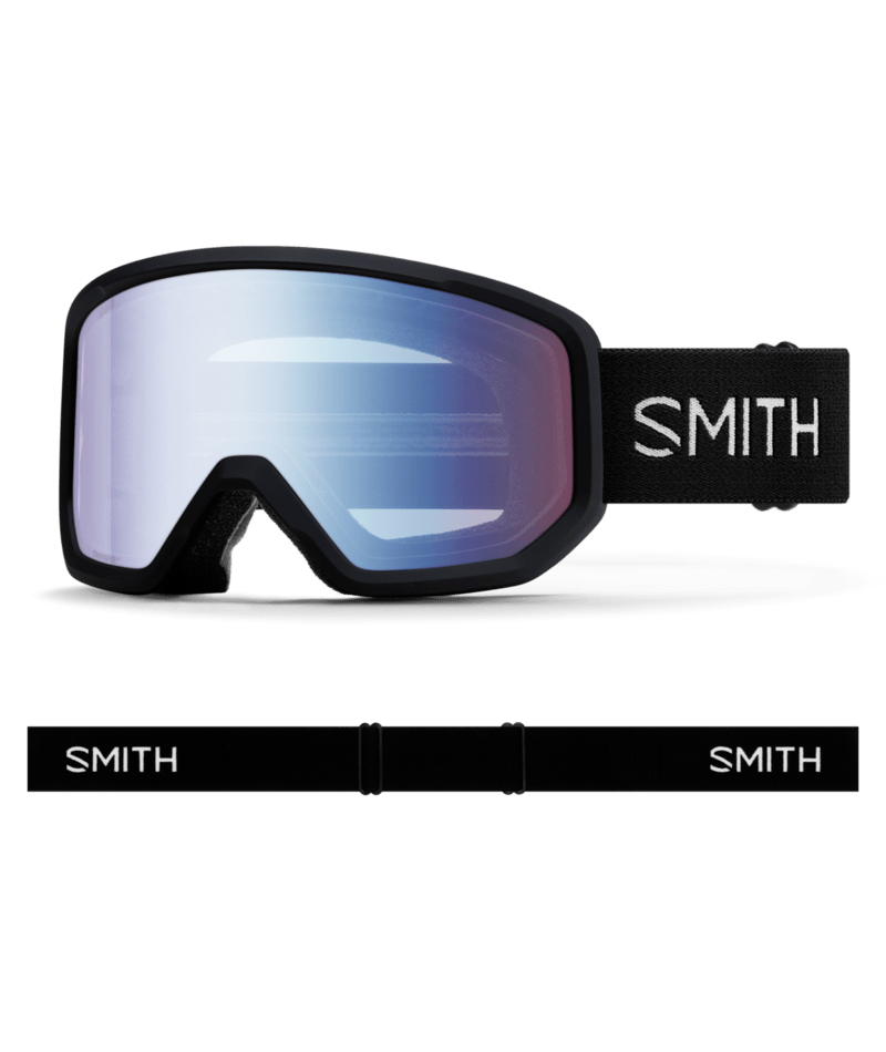 Smith Transfer Low Bridge Fit Snow Goggles Black goggle with Blue Sensor Mirror lenses