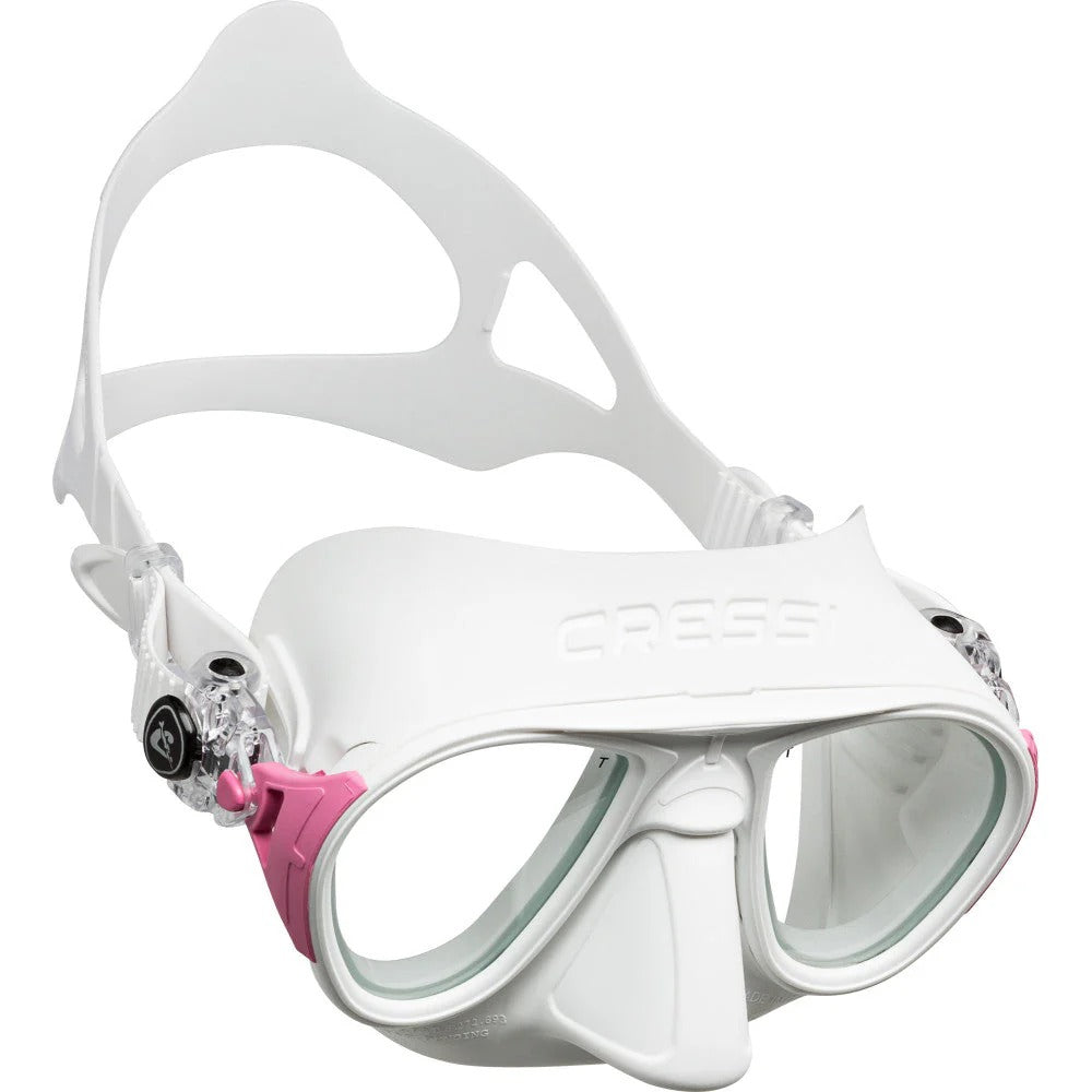 Cressi Calibro zero fog dive mask in white with pink