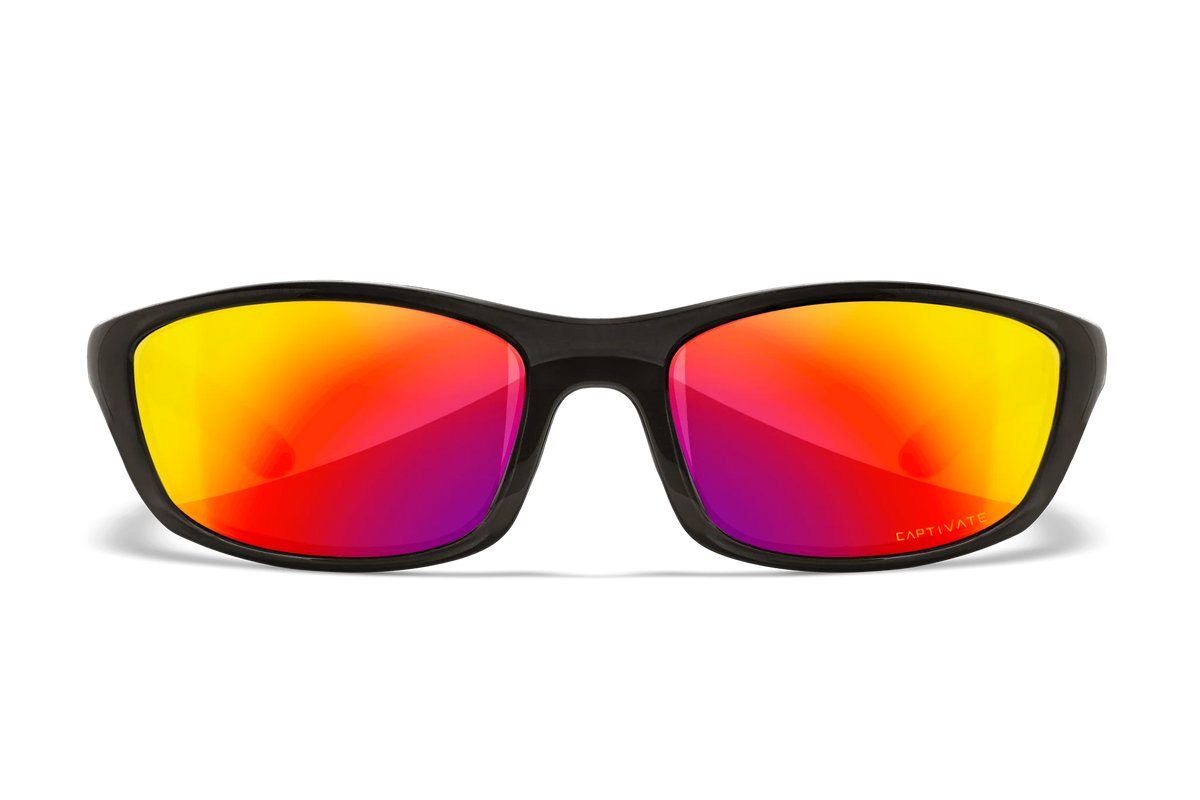Wiley-X P-17 sunglasses front view of black with red mirror polarized lenses