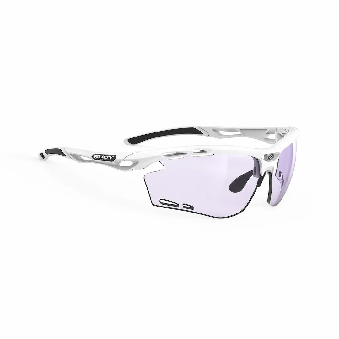 Rudy Project Overlap sunglasses for golf in white with light changing purple lenses