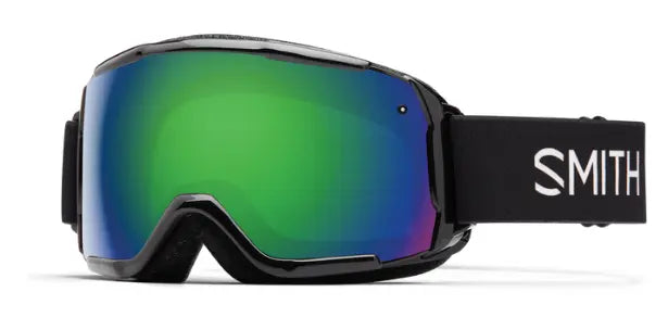 Smith Grom kids ski goggles in black with green sol-X mirror lenses