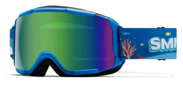 Smith Grom kids ski goggles in cobalt shark bait wiht green sol-x mirror lenses