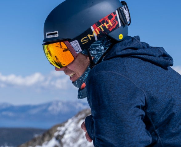 Person wearing Smith I/O Mag XL ski goggles