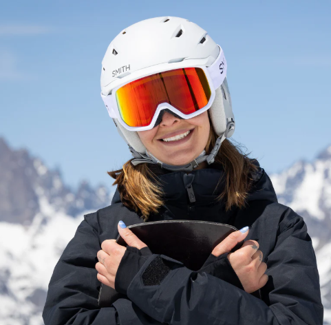 woman wearing Smith Transfer ski goggles
