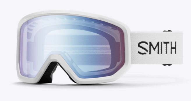 Smith Transfer ski goggles in white with blue sensor mirror lenses