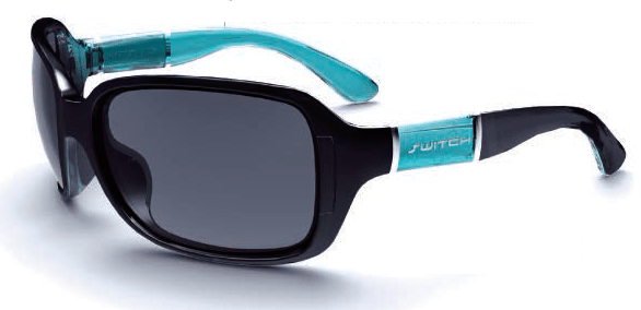 Sunglasses with black frame and turquoise accents on a white background