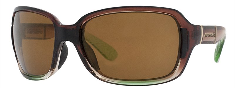 Sunglasses with brown lenses and dark frames on a white background