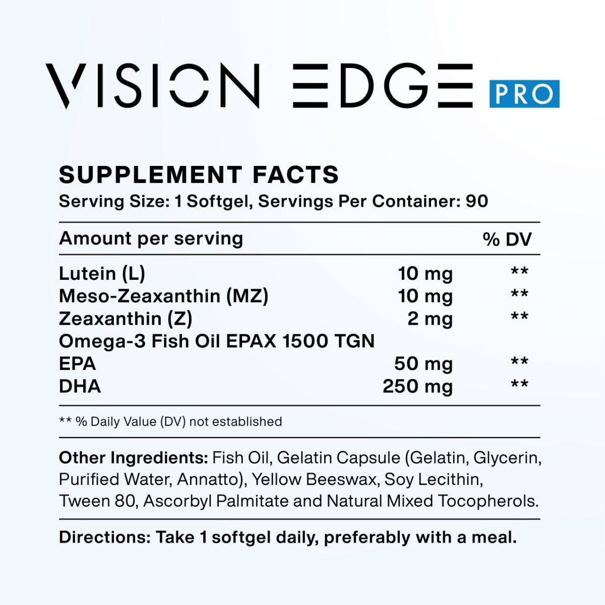 Nutritional information for Macuhealth Vision Edge Pro Eye Supplements