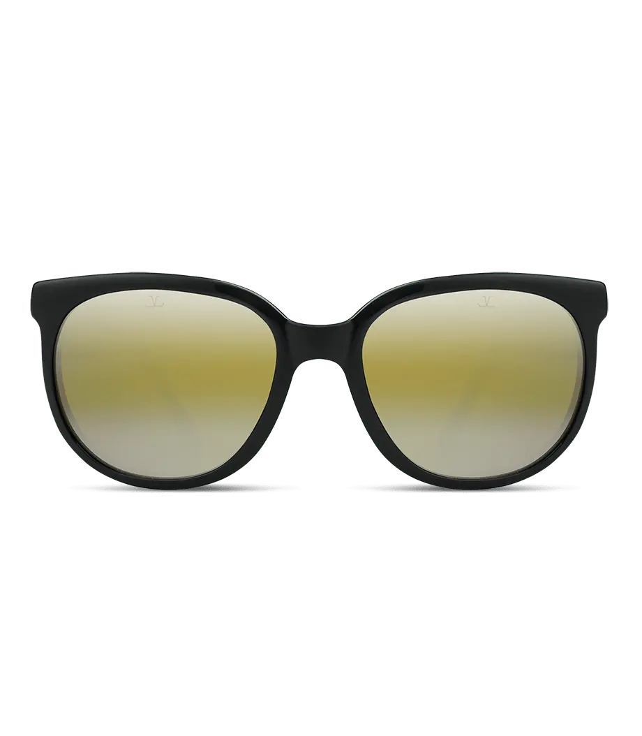 Black sunglasses with gold-tinted lenses on a white background
