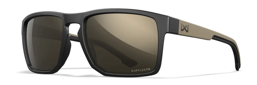 Wiley-X Founder sunglasses in black and tan with tungsten mirror